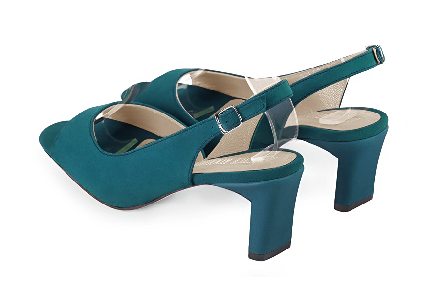 Women's peacock blue open-toe dress pumps with back strap. Square toe. Medium comma heels - Rear view